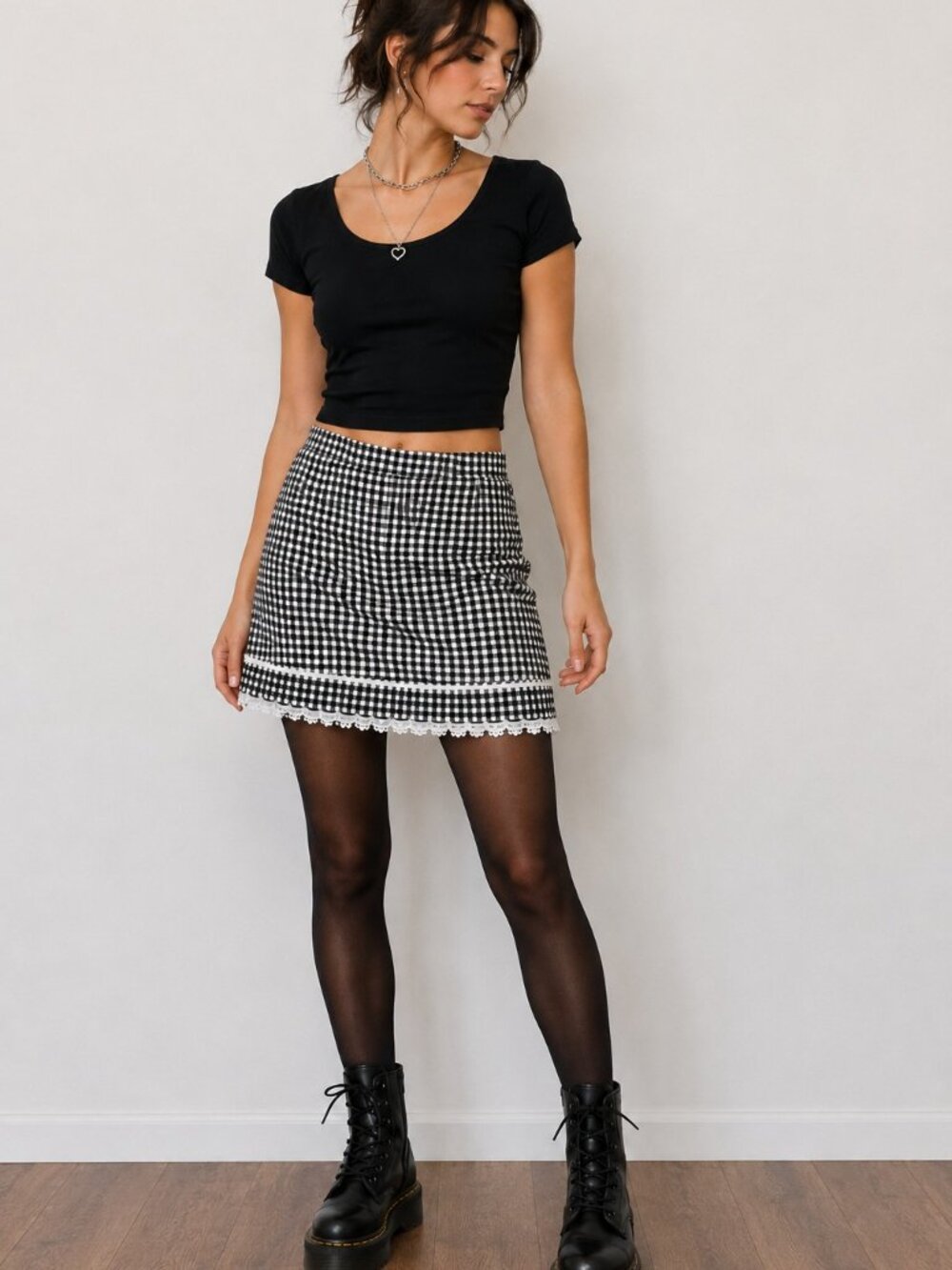 Vintage Y2K My Michele Skirt 7 Black White Gingham Check Mini Lace Indie